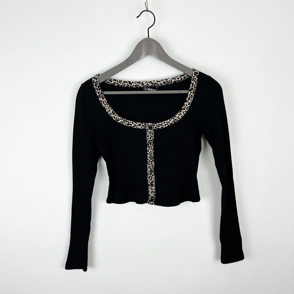 Shein Long Sleeve Black Ribbed Animal Print Detail Button Front Crop Top Size XS